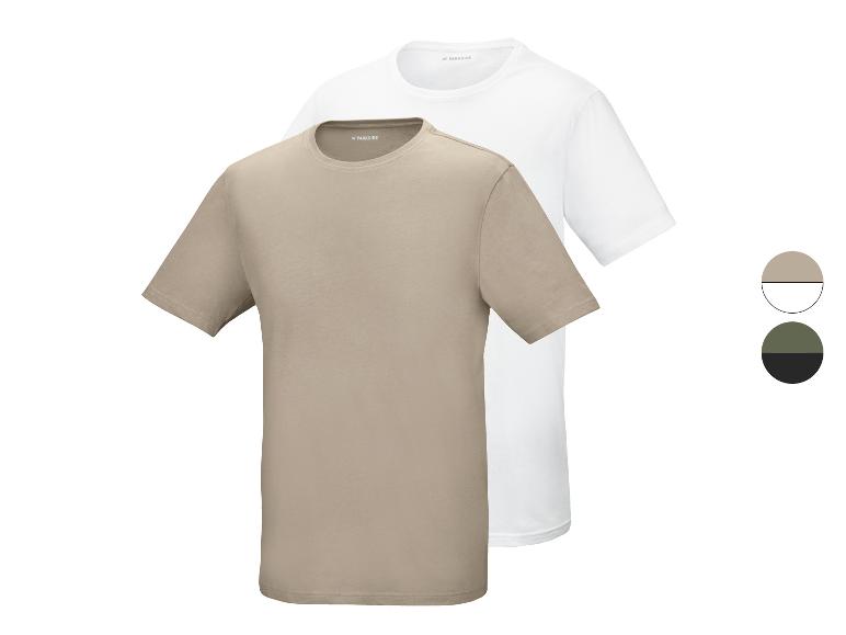 Zweierpack Kurzarm-T-Shirts, eines beige und eines weiß, mit zusätzlichen Farboptionen.