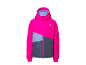 Pink-graue Kinder-Skijacke mit Kapuze.