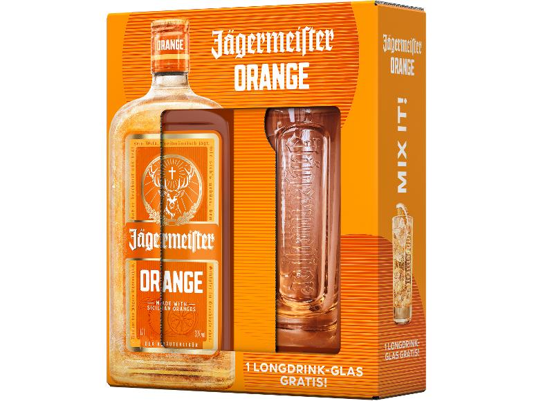 Geschenkset Orangenlikör mit Glas in oranger Verpackung.