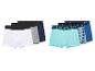  Jungen-Boxershorts: Weiß, Grau, Dunkelblau und türkis mit Fahrzeugmotiv.