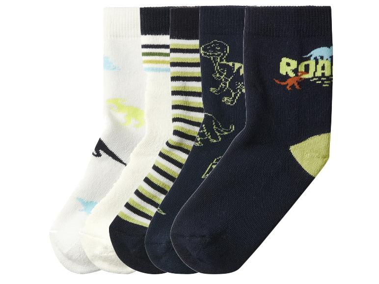 Set aus fünf Kinder-Dinosaurier-Socken in Weiß, Schwarz und Grün.