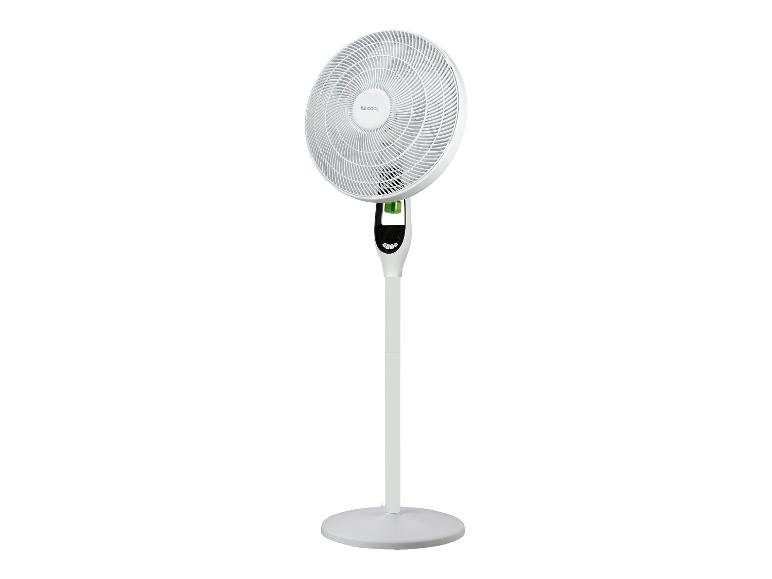 Weißer Standventilator mit rundem Kopf und Bedienfeld