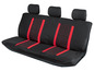 Schwarze Autositzbezüge mit roten Nähten.