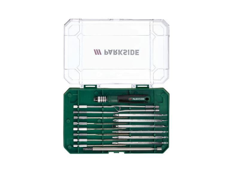 Präzisionsschraubendreher-Set mit Griff und verschiedenen austauschbaren Bits in grüner Box.