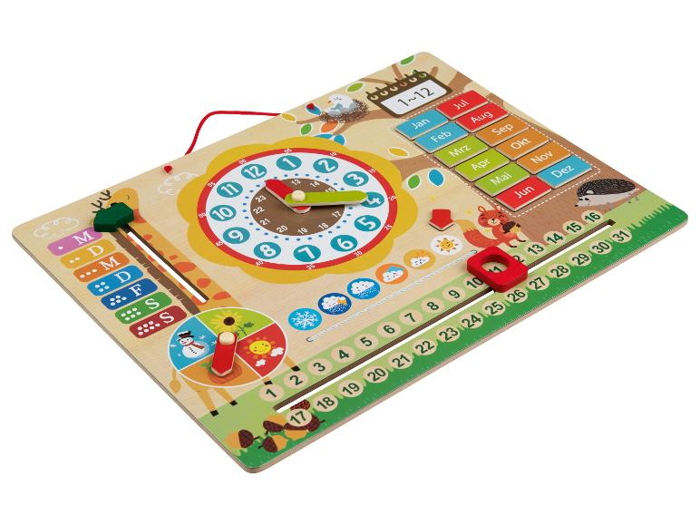 Holzspielzeug Kalender und Uhr mit Tagen, Monaten, Jahreszeiten und Wetter.