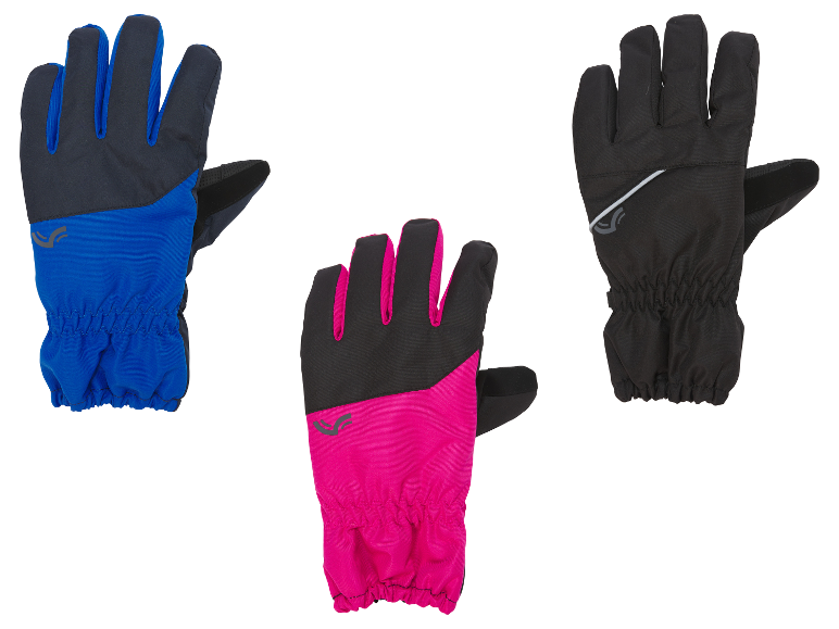 Drei Paar Winterhandschuhe, ein blaues, ein pinkes und ein schwarzes.