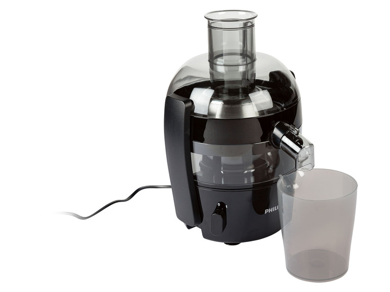 Ein schwarzer Philips Entsafter mit einem Glasdeckel und einem Auffangbehälter.