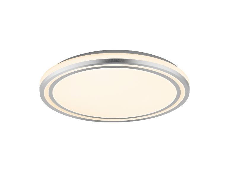 Runde silberne LED-Deckenleuchte mit weißer Leuchtfläche.