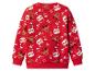 Roter Pullover mit Weihnachtsmann-, Rentier- und Handschuhmotiven.