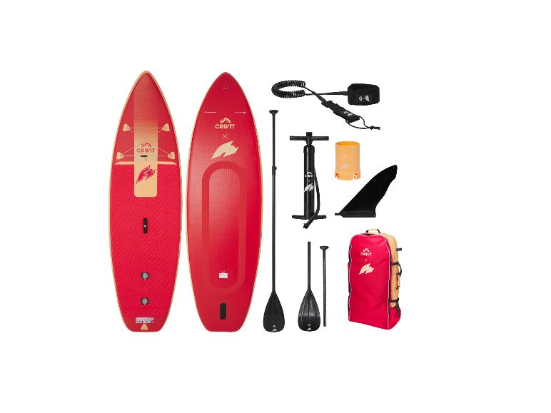 Paddleboard-Set mit zwei roten Boards, Pumpe, Paddel, Finne und Tasche.