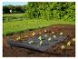 Ein schwarzes Unkrautvlies in einem Gartenbeet mit jungen Salatpflanzen.