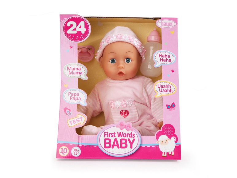 Baby-Puppe mit Flasche und Schnuller von Bayer, 'First Words Baby'.