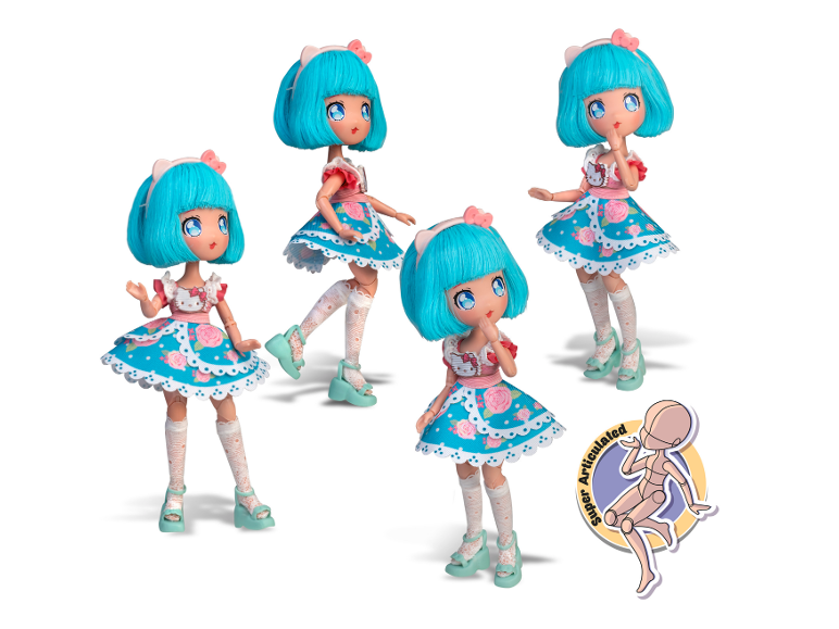Gelenkpuppe mit blauen Haaren und Blumenkleid in verschiedenen Posen.