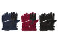 Drei Paar Winterhandschuhe in Blau, Rot und Schwarz mit reflektierenden Streifen.