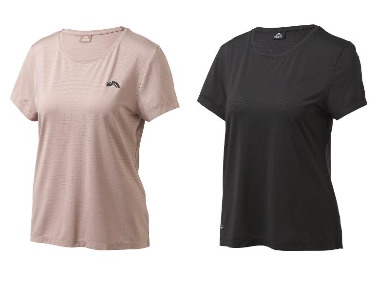 Damen-Sport-T-Shirts mit kurzen Ärmeln, eines beige und eines schwarz, mit perforiertem Muster.