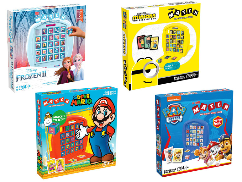 Vier Top Trumps Match Spiele mit Frozen II, Minions, Super Mario und Paw Patrol.