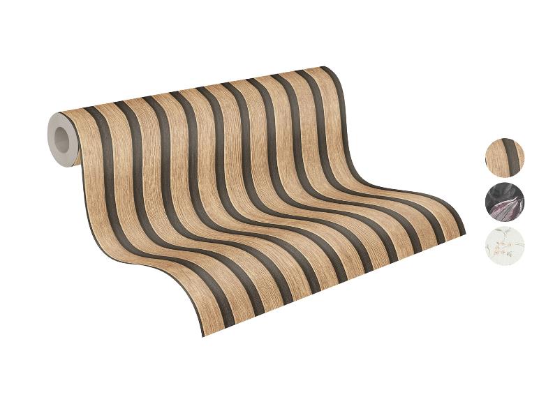 Rolle gestreifte Tapete in Holzoptik mit zusätzlichen Musterproben.