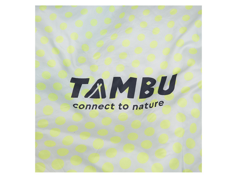 Tambu Stoff mit gelben Punkten und dem Text 'connect to nature'.