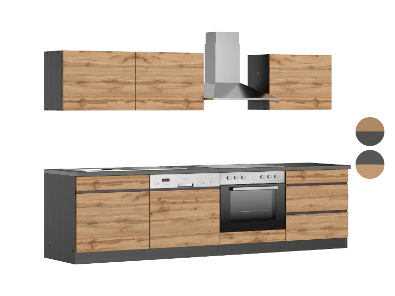 Moderne Kompaktküche mit hellen Holzmöbeln und Einbaugeräten.