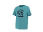 Türkisfarbenes T-Shirt mit Palmen-Print und dem Text „TROPICAL DREAMS UNDER PALMS“.