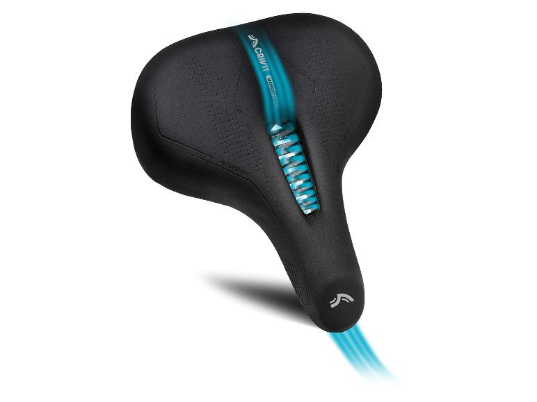 Schwarzer Fahrradsattel mit blauem Belüftungssystem und Memory-Schaum.