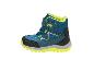 Türkise Kinder-Winterstiefel mit gelben Details und „WATERPROOF“-Schriftzug.