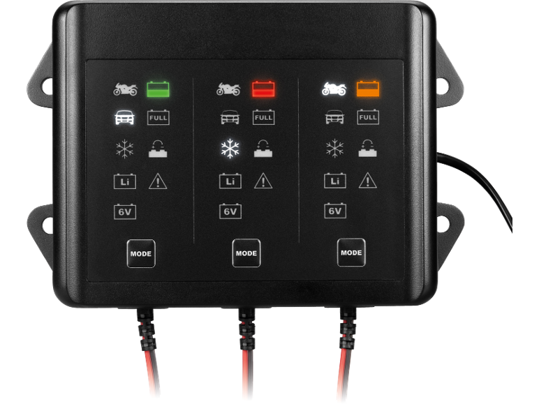 Schwarzes Ladegerät mit drei Ladekanälen, jeweils mit Symbolen für Motorrad, Auto, Winter, Lithium und 6V.