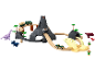 Eisenbahn- und Dinosaurier-Set mit Vulkan, Dinosaurierskelett und Fahrzeugen.