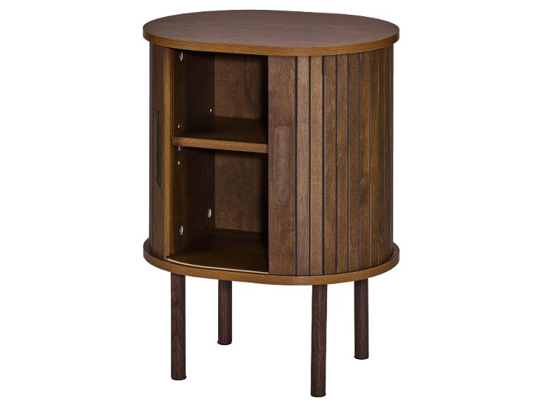 Runder Holzschrank mit Lamellen-Schiebetüren und Innenregalen.
