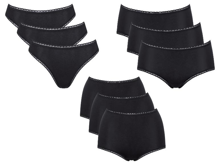 Drei Packungen schwarze Damenunterhosen, jede mit drei Paaren, in verschiedenen Stilen.