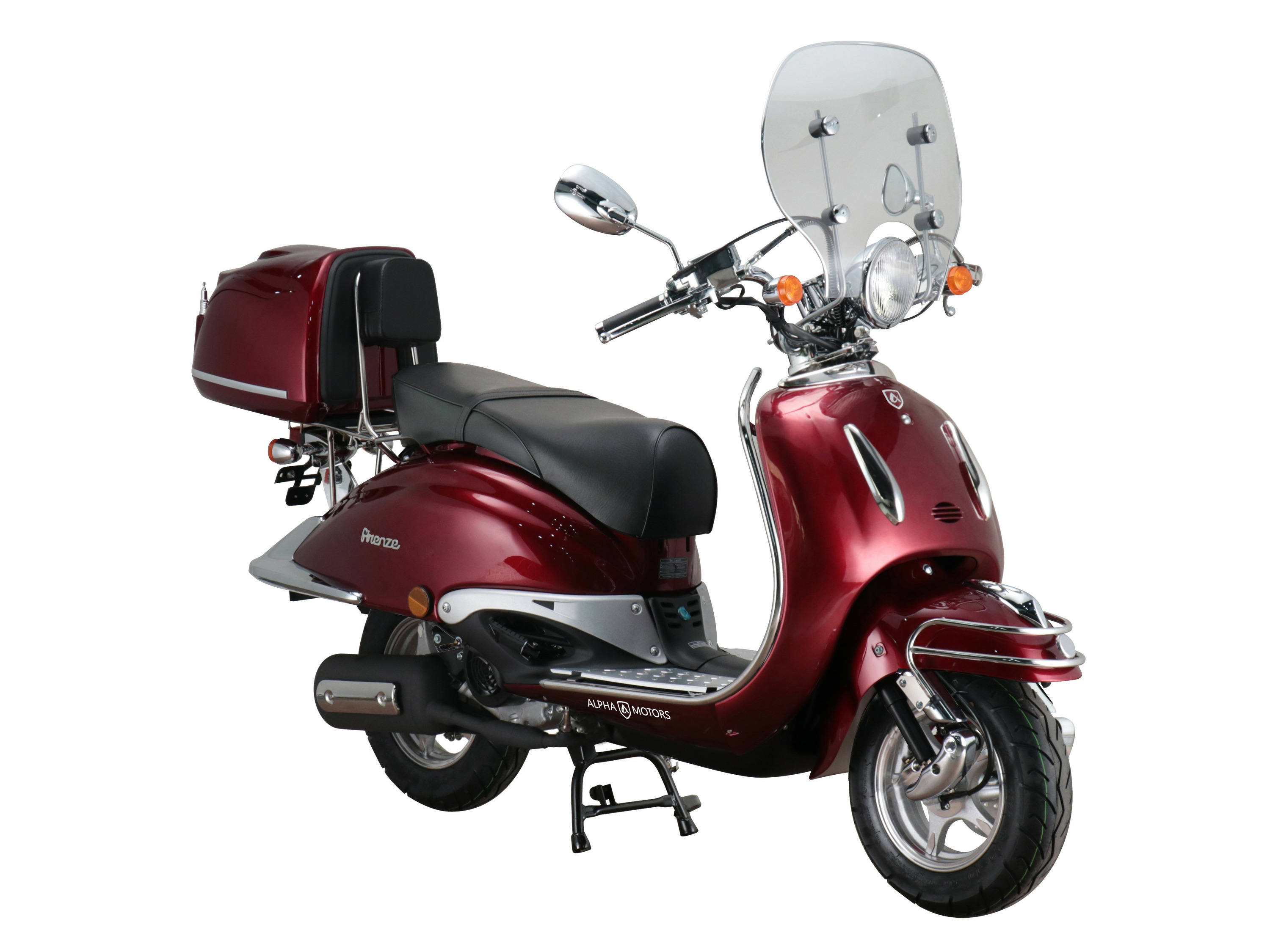 Alpha Motors Motorroller Retro Firenze Limited 125 ccm EURO 5 (Weinrot, 85 km/h)““ | Helmhaken, Topcase, Chrome-Set, Windschild Leistung PS: 6,3 kW / 8,56 PS Gewicht: 96 kg Farbe: schwarz
