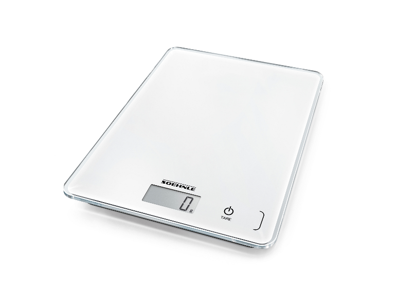 Weiße digitale Küchenwaage mit Glasoberfläche, zeigt „0 g“ und „TARE“-Taste an.