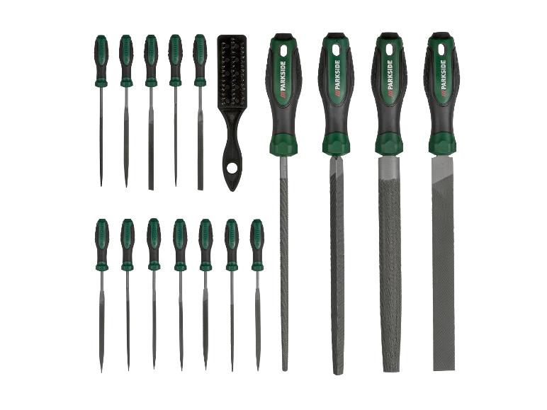 Set aus Feilen und Raspeln mit ergonomischen Griffen, inklusive Reinigungsbürste.