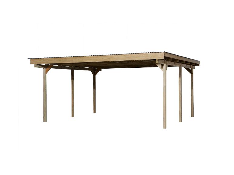 Holzcarport oder Pergola mit Wellblechdach auf weißem Hintergrund.