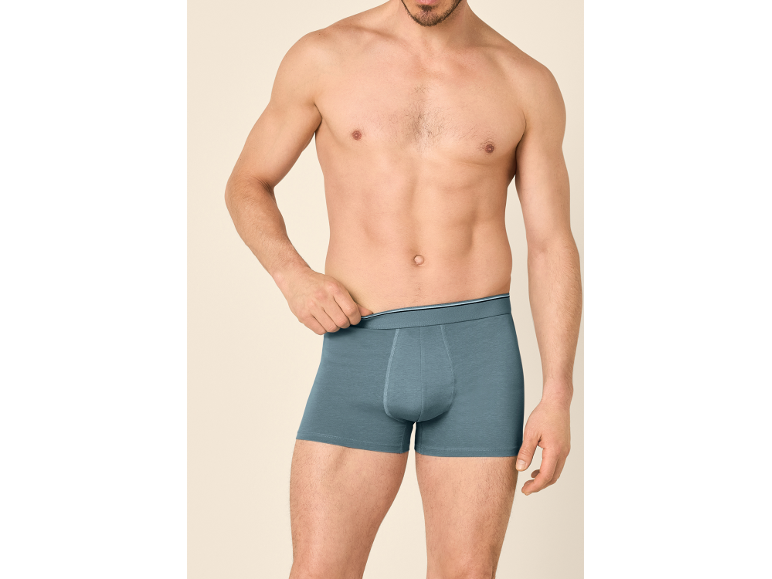 Mann posiert in grauen Boxershorts mit blauem Bund.