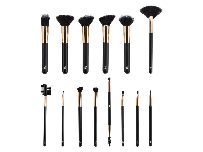 Ein Set aus 15 schwarz-goldenen Make-up-Pinseln, darunter verschiedene Gesichts- und Augenpinsel.