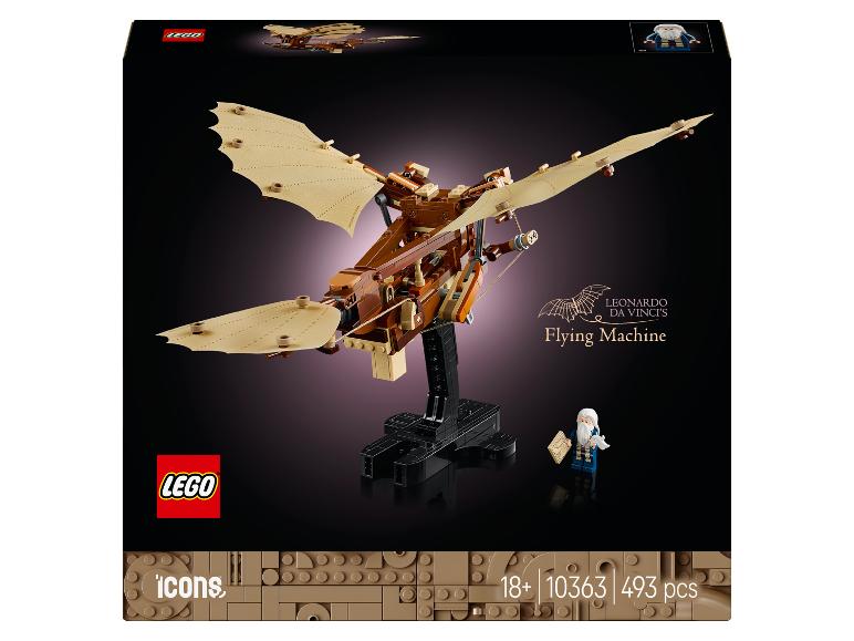 LEGO Icons Leonardo da Vincis Flugmaschine Box mit 493 Teilen und einer Minifigur.