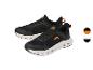 Ein Paar schwarze Sportschuhe mit orangefarbenen Details und weißer Sohle.