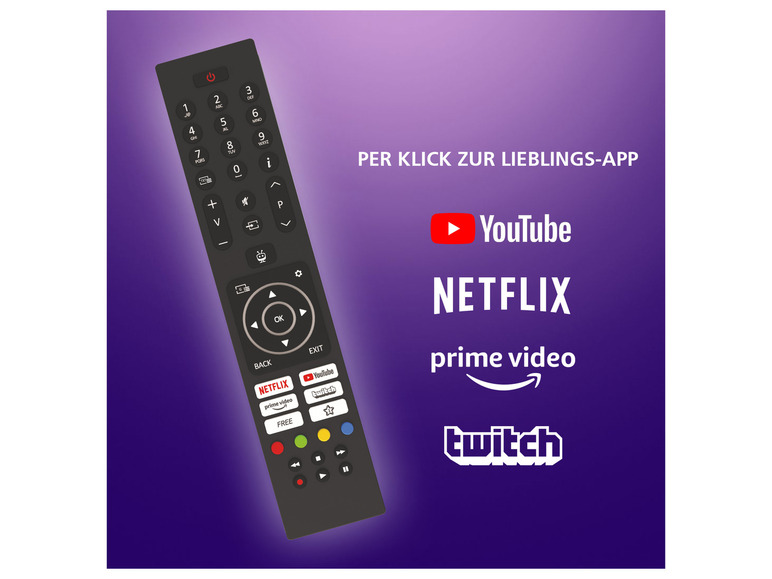 Fernbedienung mit Netflix, YouTube, Prime Video und Twitch Apps
