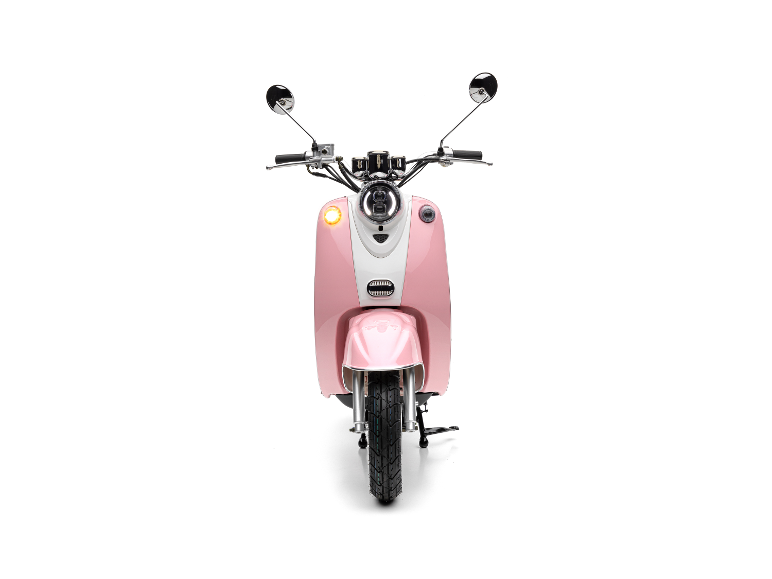 Hellrosa Roller, Vorderansicht, weißer Hintergrund.