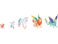 Fünf farbenfrohe Fantasy-Kreaturen-Figuren: Einhörner, Greif und Drache.