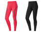 Zwei Paar Sportleggings, eine rote mit schwarzen Details und eine schwarze mit silbernen Details.