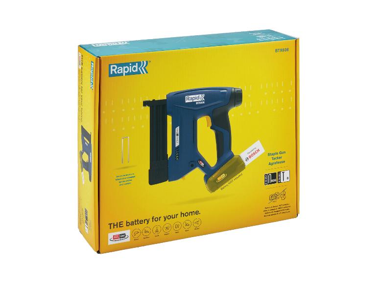 LIVARNO® 18V Akkutacker »BTX606« in Verpackung, mit dem Text „THE battery for your home“.