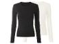 Zwei Damen-Langarmshirts, schwarz und weiß, aus geripptem Stoff.