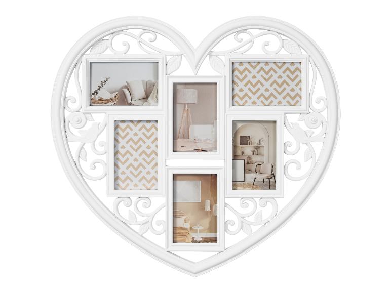 Ein weißer, herzförmiger Bilderrahmen mit Fotos von einem Interieur.