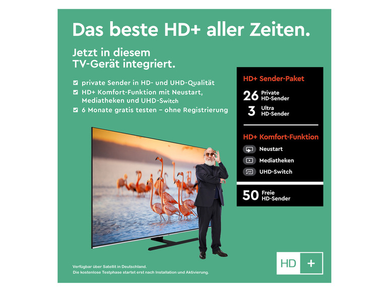 HD+ Fernsehpaket mit 26 privaten und 3 Ultra HD-Sendern, plus Zusatzfunktionen wie Mediatheken und UHD-Switch.