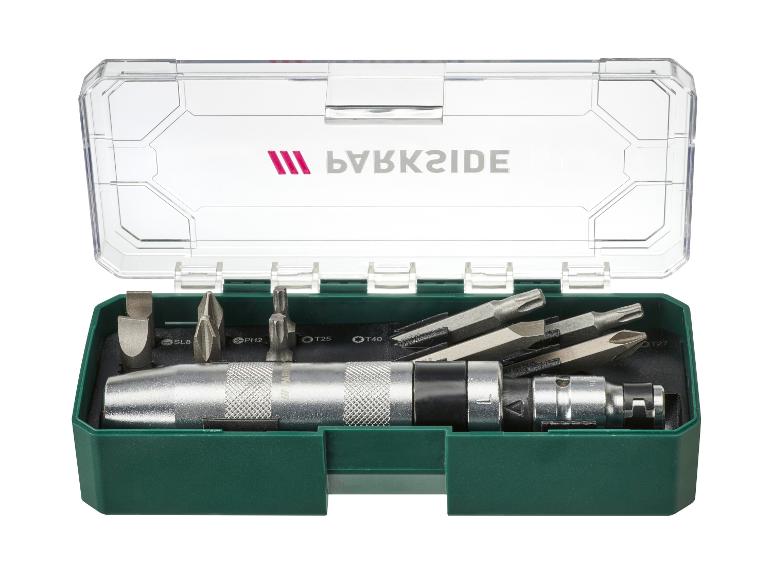 Parkside Schlagschrauber-Set in offener grüner Box mit verschiedenen Bits.
