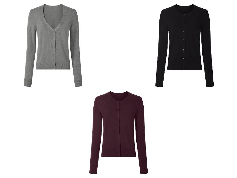 Damen-Cardigans in Grau, Schwarz und Bordeaux, mit V-Ausschnitt oder Rundhalsausschnitt.