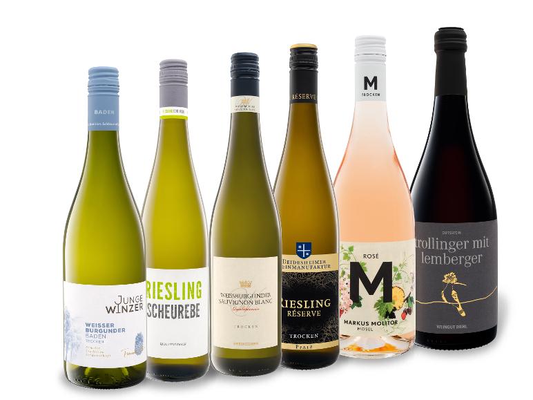 Sechs Flaschen deutscher Weiß-, Rosé- und Rotwein, darunter Riesling- und Burgunder-Sorten.