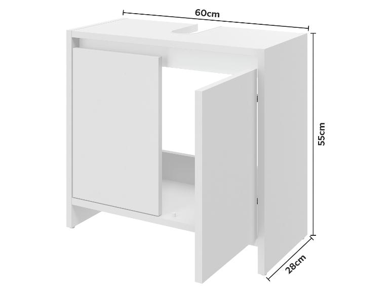 Weißer Badezimmerschrank mit zwei Türen, Maße 60cm x 55cm x 28cm.